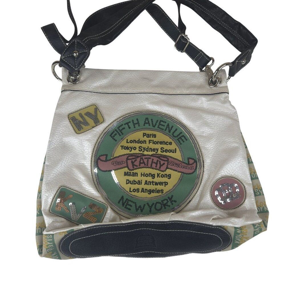 Kathy Van Zeeland Fifth Avenue Globetrotter Crossbody Hobo Bag White Faux Leathe